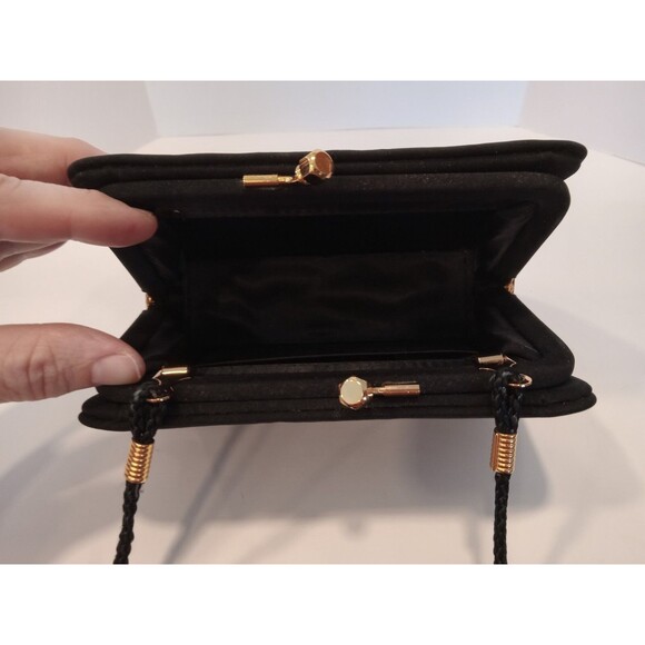 1990s Black Kisslock Boxy Clutch w/ Shoulder Strap Unbranded Evening Bag - Picture 9 of 13